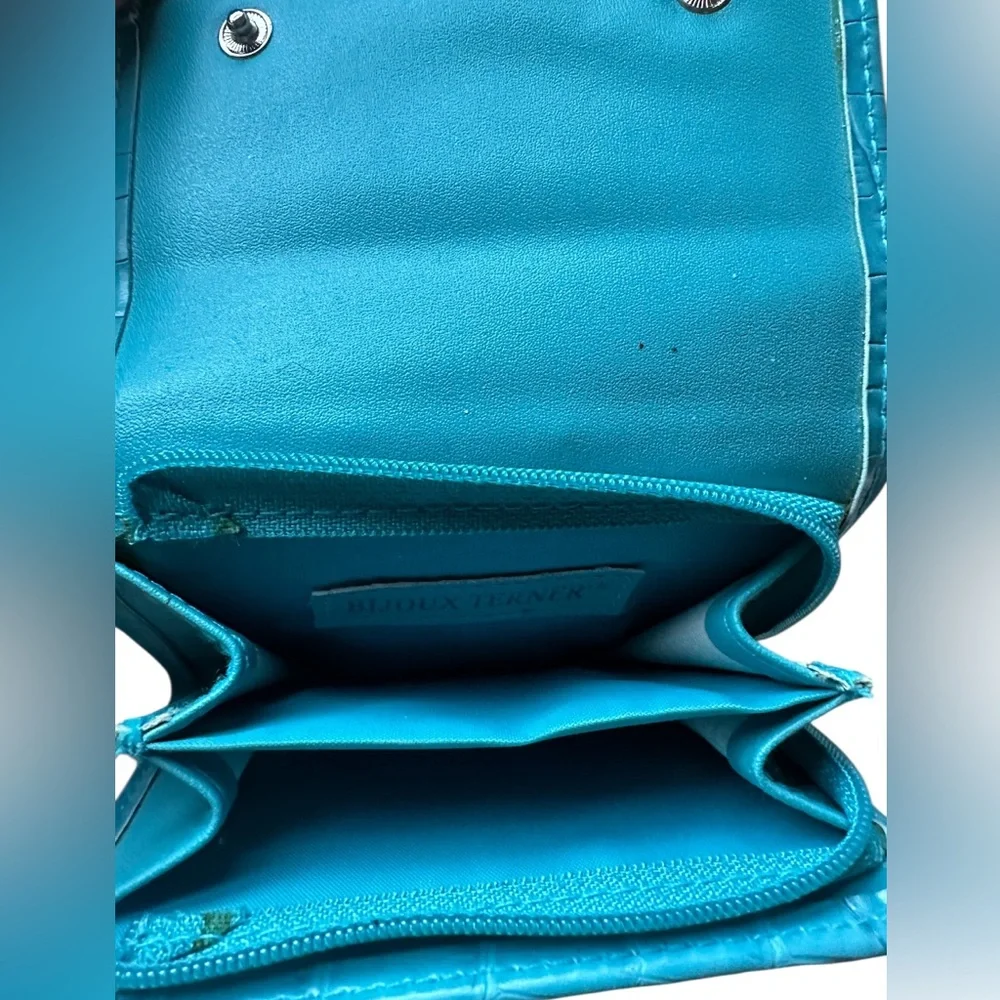 Bijoux Terner Turquoise Faux Croc Embossed Leather Cosmetic Bag & Wallet Set